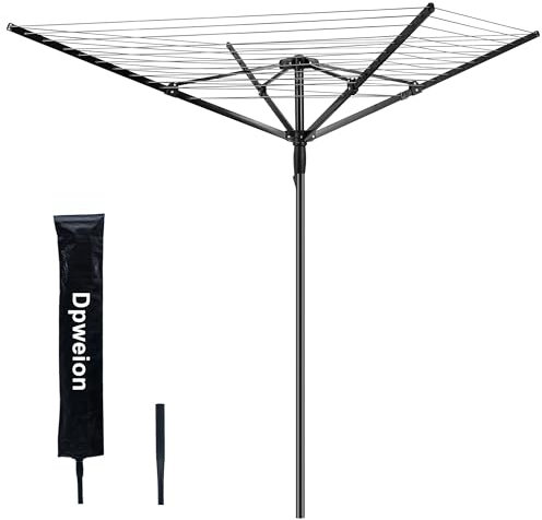 DPWEION 4 Arm 45M Heavy Duty Folding Rotary Washing Line for Outdoor/Garden Portable Large Clothes Airer Dryer with Metal Ground Spike/Cover(Black)