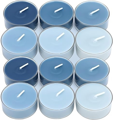 Honoson 12 Pack Blue Tea Lights Candles Blue Round Tea Light Natural Wax Scented 6 Scents Conversation Candle for Spring Easter Wedding Engagement Gifting Aromatherapy Anniversary Summer Home Decor