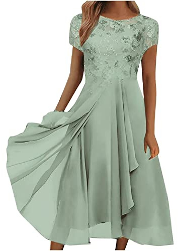 Abito in chiffon da donna, per feste, lungo, con fiori, leggero e arioso, a vita alta, a maniche corte, abito avvolgente, linea A fluente, maxi abito da cocktail, elegante per ospiti di nozze, verde