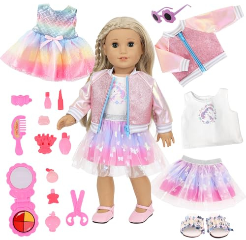 Doll Clothes Set for 14-18 Inch Baby Girl Doll, Dolls Clothes and Accessories with Pink Jacket Butterfly Tulle Skirt Rainbow Dress Vest Top Shoes Sunglasses (Purple Exquisite Style 2 Set)