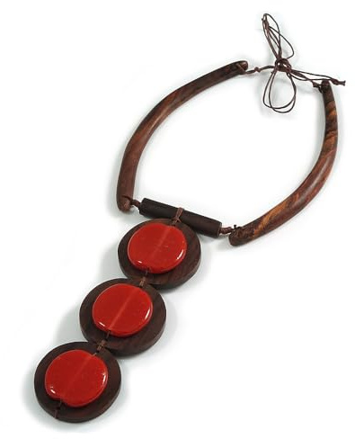 Avalaya Collana in legno ecologico marrone con perline in ceramica rosse, design strutturale, lunghezza minima 43 cm, ciondolo 15 cm, Misura unica, legno, corde, ceramica, Nessuna pietra preziosa