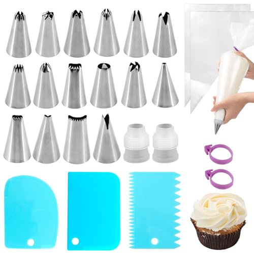 ZYNERY 100 Pcs Piping Bags and Nozzles Set, 12 Inch Piping Bags Disposable Cake Piping Kit 16 Nozzles, 3 Cake Scraper, 2 Coupler, 2 Bag Ties, for Dessert Cookies