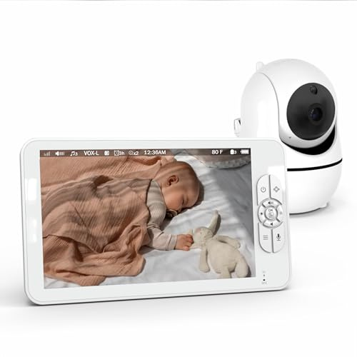 White Hawk babymonitor med kamera och mörkerseende, 1080P HD babymonitor med 7 tums LCD-skärm, VOX-läge, 2-vägs ljud, delad skärm, matningslarm, temperaturvarning, 8 vaggor, 4 000 mAh batteri