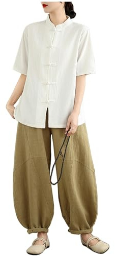 DAYKET Uniforme Tai Chi da Donna, Tuta da Kung Fu in Cotone e Lino, Abbigliamento per Arti Marziali, Manica Media, Meditazione Zen,White-M