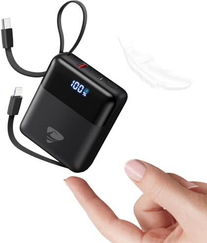 Aioneus Mini PowerBank, 10000mAh Power Bank mit Integriertem USB-C & Lightning Kabel, Minigröße Externer Akku 22.5W USB-C In&Out, Klein Aber Stark für iPhone 17 16 15 14 13 12 11 Samsung Xiaomi iPad