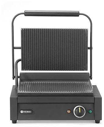 HENDI Kontaktgrill, Panini, gerillte Ausführung, inkl. Grillreinigungsbürste, Temperatur bis 300°C regelbar, Grillfläche 340x235mm, Elektrogrill, 230V/2200W, 430x375x(H)216mm, Edelstahl, schwarz