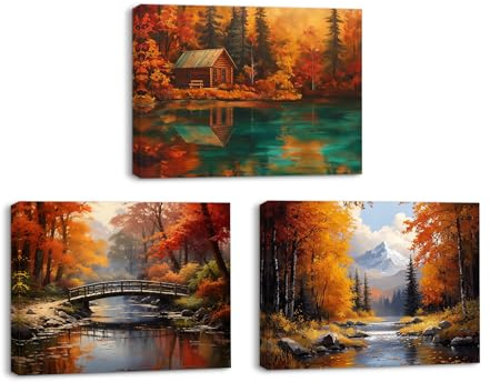 Piy Painting Paisaje Otoñal Pintura En Lienzo, Arte Mural En Lienzo Village, Pintura Mural Árbol De Arce, Impresiones Sobre Lienzo Para Salón Despacho Entrada Cafetería, Set De 3, 30x40cm (90x40cm)