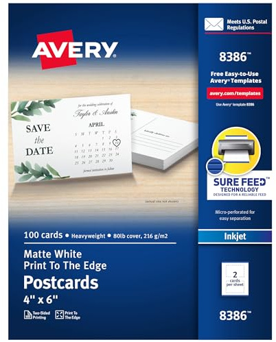 Avery Printable Postcards, Sure Feed Technology, 4 x 6, Matte White, 100 Blank Postcards for Inkjet Printers (8386)