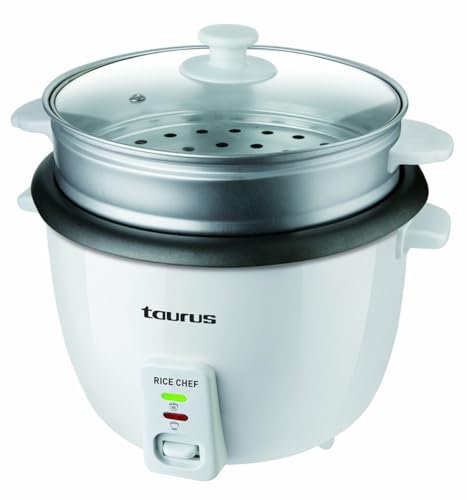 Taurus Rice Chef - Arrocera. 700W. Capacidad 1.8L. Revestimiento antiadherente. Función de cocción y mantenimiento del calor. Accesorio cocción al vapor. Blanco