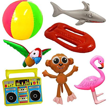 GONFLABLE D'ÉTÉ DE 7 PIÈCES DÉCORATIONS DE FÊTE SUR LA PLAGE ACCESSOIRE SET - COMPREND BALLON DE PLAGE + FLAMANT + SINGE + REQUIN + PERROQUET + GHETTO-BLASTER + FLOTTEUR DE MAÎTRE-NAGEUR