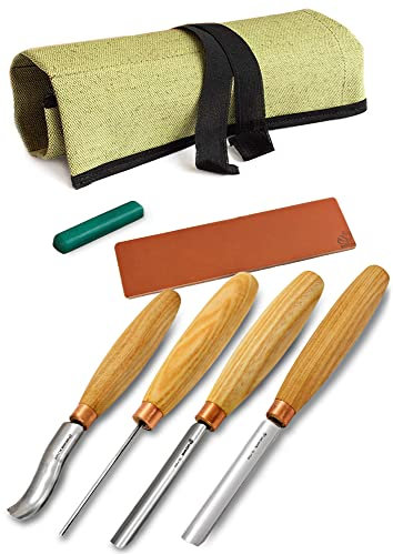 Meißel-Set zum Holzschnitzen SC01 – Hohlmeißel Holzschnitzwerkzeug-Set in der Werkzeugtasche mit Streichriemen und Poliermittel Set radiale Hohlmeißel Flachmeißel gebogenes Hohlmeißel Kohlenstoffstahl