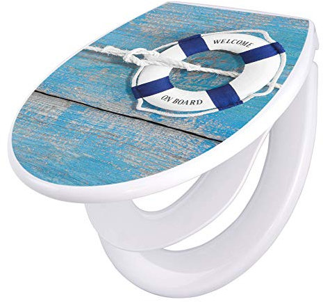 banjado Familien WC Sitz mit Absenkautomatik 44,5x37cm / Klodeckel/Klobrille mit Kindersitz aus hochwertigem Polypropylen/Toilettensitz Kindersitz integriert Motiv Blauer Rettungsring
