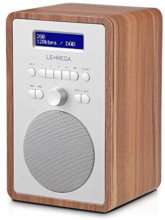 LEMEGA CR2 + Radio numérique Dab/Dab+/FM, boîte en Bois,Double Alarme et Horloge, Veille/répétition,20 Stations préréglées,Casque de Musique,Adaptateur Secteur — Noyer Finition Chêne