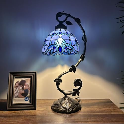 enjoy decor lamps Stained Glass Table Lamp Blue Baroque Style Iron Metal Leaves Bronze Base Included LED Bulb for Living Room Bedroom Bedside 11 W*8 D*21 H