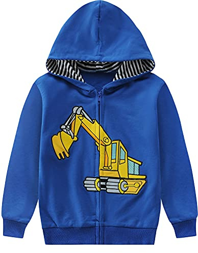 Eulla - Felpa con cappuccio e zip per bambini/ragazzini, con cappuccio a dinosauro, a maniche lunghe, in cotone, motivo: escavatore, con cerniera, taglie: 92, 98, 104, 110, 116, 122, 104