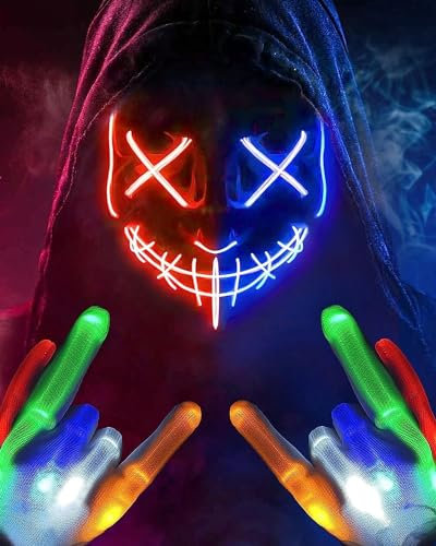 Colplay NEU LED Halloween Maske Leuchtende Handschuhe-Set, Mehrere Leuchtmodi Kostüm, Halloween Kostüm Damen Kinder Mädchen Teenager, Horror Maske