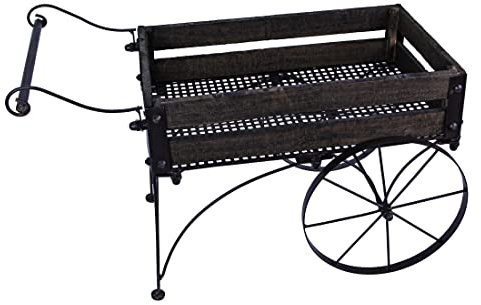 Zeckos 24-Inch Long Light Brown Wood & Metal Wagon Planter - Rustic Indoor Outdoor Plant Stand for Your Blooming Greenery and Flower Creations - Embrace Nature's Charm