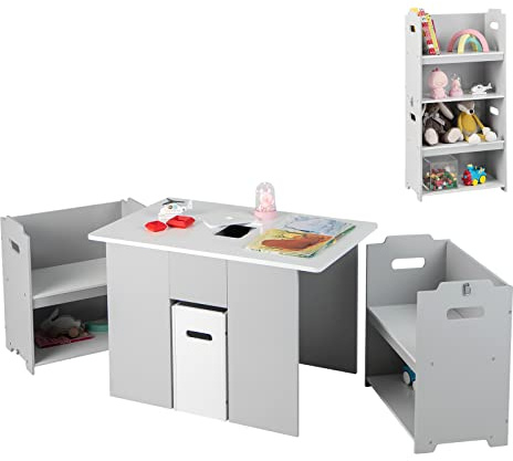 LIFEZEAL Juego de Mesa y Sillas Infantil Polivalente, Mesa de Actividad con 2 Sillas Apilables, Escritorio con Cubo extraíble de Almacenaje, Mueble de MDF para Niños