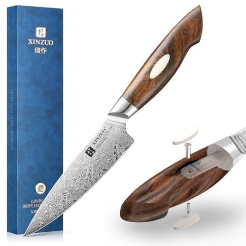 XINZUO Damasco 13cm Coltello Multiuso, Multifunzione Coltello Universale 110 Strati Acciaio Damasco Coltelli per Sbucciare, Cucina Coltello Frutta Spelucchino -Manico in Legno di Ferro del Deserto