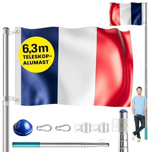 MONZANA® Mât de drapeau télescopique aluminium 6,3m douille de sol 60cm réglable hauteur jardin hampe national