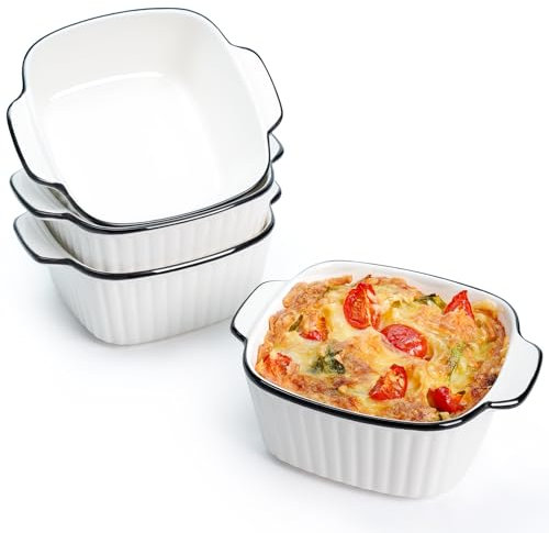 NUTRIUPS 400ML Keramik Auflaufform 4er Set, 14.5 x 11.5 x 5.5cm Quadratische Backformen, Kleine Backform für Fritteuse, Keramik Backformen mit Griffen, Backofen und Mikrowellen Sicher