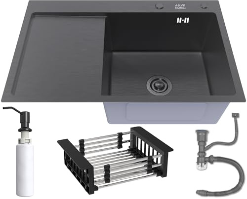ANW HOME Évier de Cuisine Graphite 78x50 cm avec Egouttoir, Bonde à Panier & Distributeur de Savon 350 ml, Évier en Acier Inoxydable 304 avec 2 Trous de Robinet et Siphon
