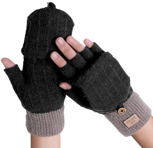 GWAWG Mitaines pour femmes et hommes, mitaines mi-doigts pour femme, mitaines pliables noires pour l'hiver, gants doux et thermiques, Noir , taille unique