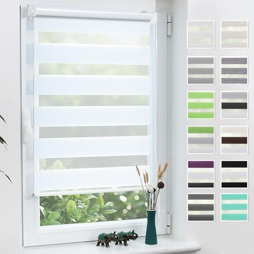 Grandekor Doppelrollo Klemmfix ohne Bohren 60x110 cm(Stoffbreite 60 cm) Weiß Fenster Rollos für innen Klemmrollos Duo Rollos für Fenster ohne Bohren mit Bohren UV-Schutz Privatschutz Zebrarollo