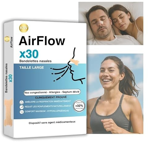 KW AirFlow Bandelettes nasales anti-ronflement x30 | Taille L | Ecarteur nasal anti-ronflement efficace puissant | Nasal strips dilatateur nasal | Patch nez respiration | Dispositifs anti-ronflement