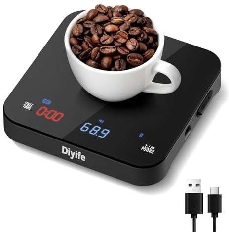 Rechargeable Mini Coffee Scales with Timer, Diyife Upgraded 0.1g/2kg High Precision Digital Coffee Weighing Scales with Triple Display Screen | 4 Brewing Modes for Espresso & Pour Over, Auto Timing