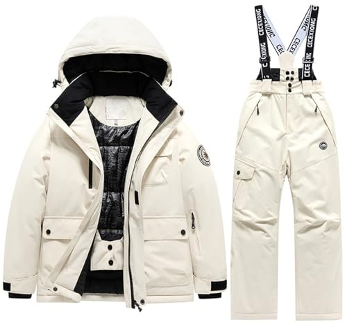 Generisch Tuta da sci invernale per bambini per ragazzi e ragazze, calda, tuta termica da neve, completo per attività all'aria aperta con tempo freddo, beige., 8-9Years