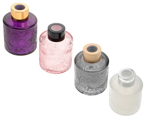 TOVINANNA 4pcs Embossed Glass Aroma Bottles for Home Diffuser and Dry Flower Display Decorative Perfume Expansion Containers in White Pink Gray Purple Stylish Replacement for Random Color