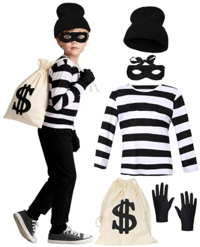 Disfraz de depredador para niños, traje de ladrón de bancos con parte superior a rayas, guantes, antifaz para ojos, bolso de bolsa, disfraz infantil para niñas y niños, perfecto para Halloween