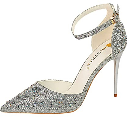 Glitterpumps dam eleganta höga klackar med strass glänsande brudskor spets kvällsskor stilettos bröllopsskor 12 cm klack höjd högklackade skor ankelrem klackskor