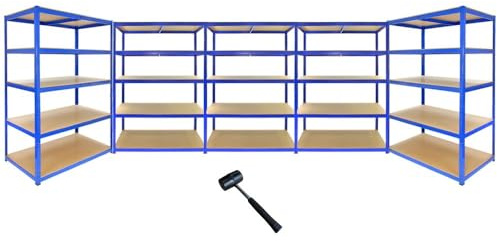 5 x Garagehyllor Extra Stort Skjul Hyllenhet Verkstadshylla Verkstadshyllor Garage Garagehyllor Lager Lagerhyllor Förvaring MDF Bultfritt 120 cm Bred x 60 cm Djup x 180 cm Hög + GRATIS Gummiklubba