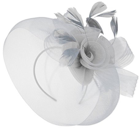 Caprilite - Chapeau bibi avec plumes et fleurs - Voile en maille avec serre-tête et pince - Ascot Derby pour mariage et courses hippiques, gris argenté, Taille unique