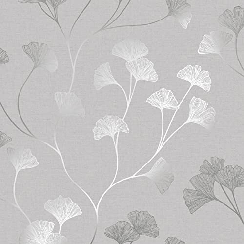 Holden Decor 12700 Glistening Gingko Grey Silver Paper Wallpaper, Grey/Silver, Full Roll