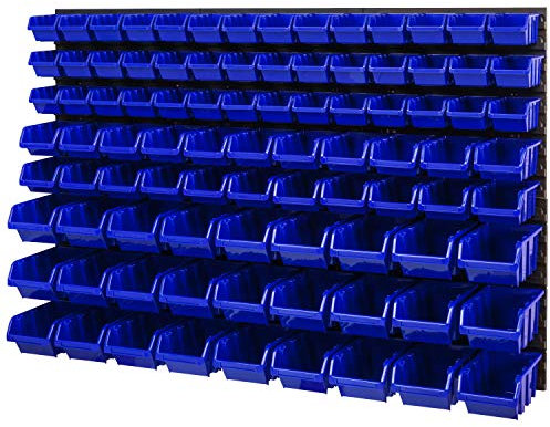 PAFEN Lagersystem Wandregal – 1158 x 780 mm - Stapelboxen Sichtlagerkästen Schüttenregal – Wandplatten Set mit 3 Arten von Boxen (Blau)