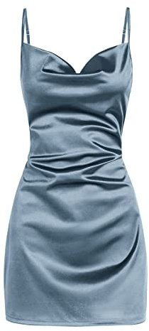ZAFUL Women's Satin Sleeveless Spaghetti Strap Mini Dress Sexy Slip Cowl Neck Silky Cocktail Party Dresses(Blue-F, M)