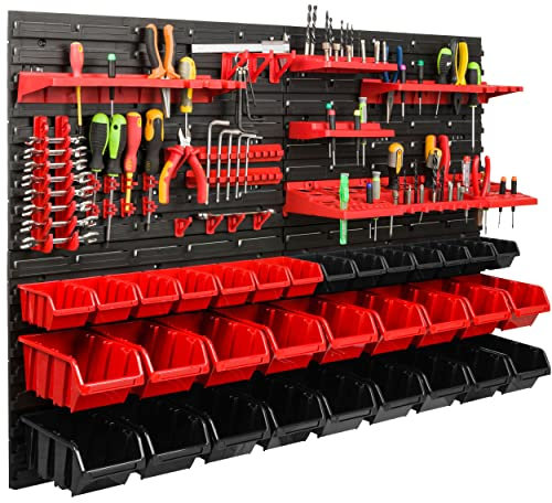 Lagersystem Werkstattregal | 115 x 78 cm | 32 stck. Box | Wandregal mit Werkzeughalterungen und Stapelboxen - Wandplatten Extra Starke Schüttenregal Warkzeuglochwand Lagerregal Garage Regal