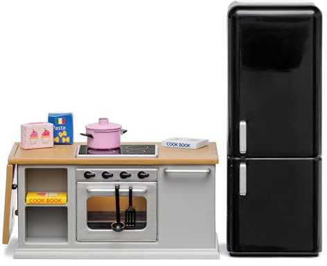 Lundby Dockhus kök – miniatyr kök med miniatyr kylskåp och dockhus ugn – dockhus tillbehör – kök dockhus möbler set – dockhus möbler set – 11 cm dockor 1:18