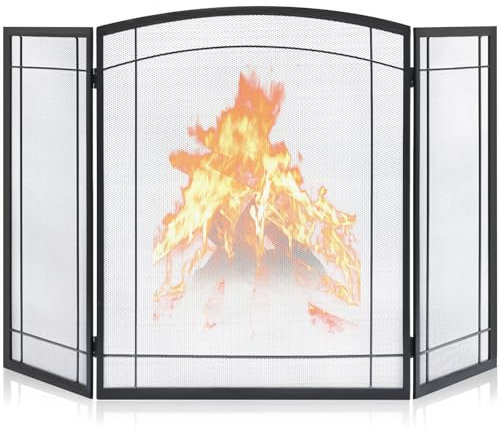 FEED GARDEN Pantalla de Chimenea de 3 Paneles de 48 Pulgadas de Ancho x 29 Pulgadas de Alto, Moderna, Plegable, con Malla Decorativa de Metal Forjado, Cubierta de protección contra chispas de Fuego