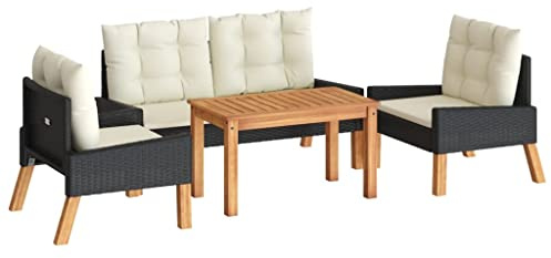 vidaXL Salon de Jardin 4 pcs et Coussins Résine tressée et Bois Massif, Ensemble de Salon d'extérieur, Ensemble de Meubles d'extérieur, Ensemble de Meubles de Patio