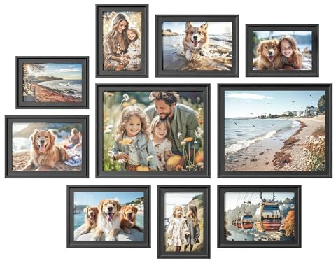 SONGMICS Picture Frames with 16 Mats, Set of 10, Photo Frames with Two 8x10, Four 5x7, Four 4x6 Frames, Hanging or Tabletop Display, MDF and Glass, 12 Non-Trace Nails, Ash Black RPF049B01