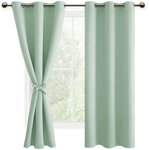 DWCN Blackout Curtains with Tiebacks for Bedroom Thermal Insulated Solid Eyelet Curtains for Living Room,2 Panels,46 Wide x 72 Drop Bean Green