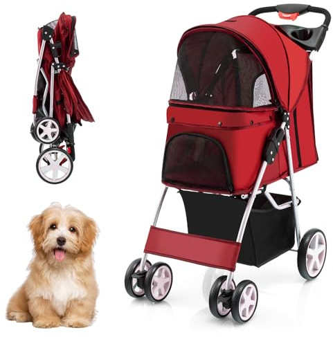 COSTWAY Hundvagn husdjur buggy upp till 15 kg, hundvagn med nätfönster och mugghållare och hänge, kattvagn för små hundar katter (röd)