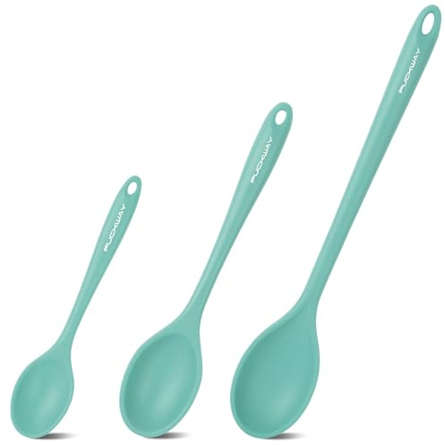 PUCKWAY 3 Pcs Silicone Spoons Set of 7.9 10.6 14.2 inch for Cooking, Heat Resistant Kitchen Spoons for Mixing, Stirring, and Serving, Small to Large Non Stick (Green)