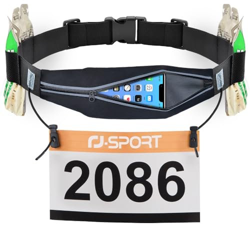 RJ-Sport Laufgürtel für Handy - wasserdichte Lauftasche, Sportgürtel Hüfttasche, Triathlon Startnummernband Laufgurt mit Bauchtasche & Verstellbarem Gummiband & Nummernhalter &6 Gel-Halter (Schwarz)
