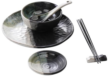 HENXFEN LEAD Japanisches Geschirr 6er Set für one personen, Geschirrset mit 1X Runder Sushi Teller, Suppenschüssel,Dipschalen, Paar Stäbchen, Keramiklöffel, Essstäbchenablage