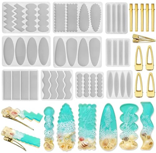 10 Pièces Moules en Résine Époxy pour Bijoux et Pinces à Cheveux, DIY moule silicone bijoux, Set de Moulage en Silicone avec 10 Moules Variés pour Pinces DIY, Époxy et Accessoires, Clés et Bijoux